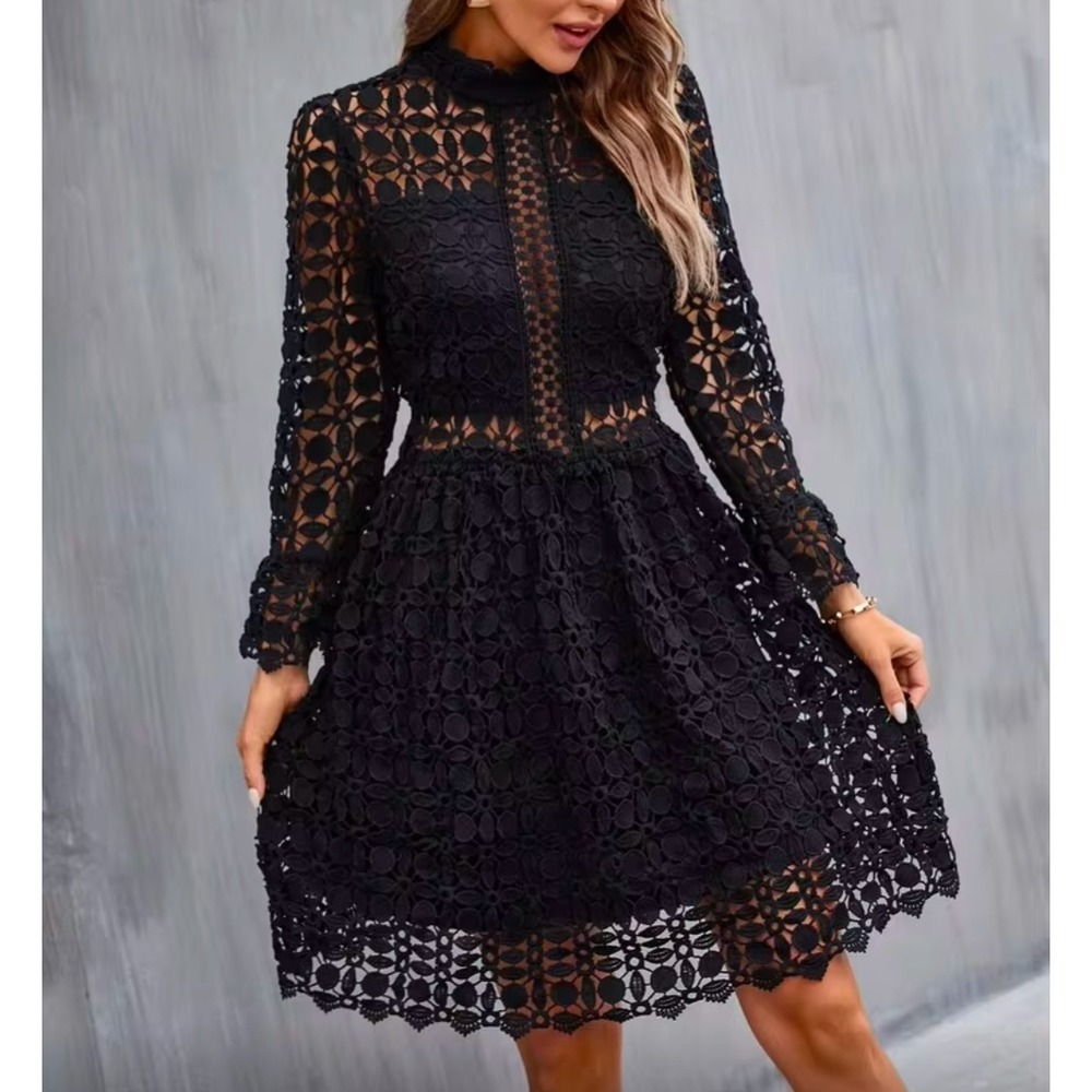 Black Lace Gothic Dress Bell Sleeve High Neck Fit Flare Romantic Goth size M